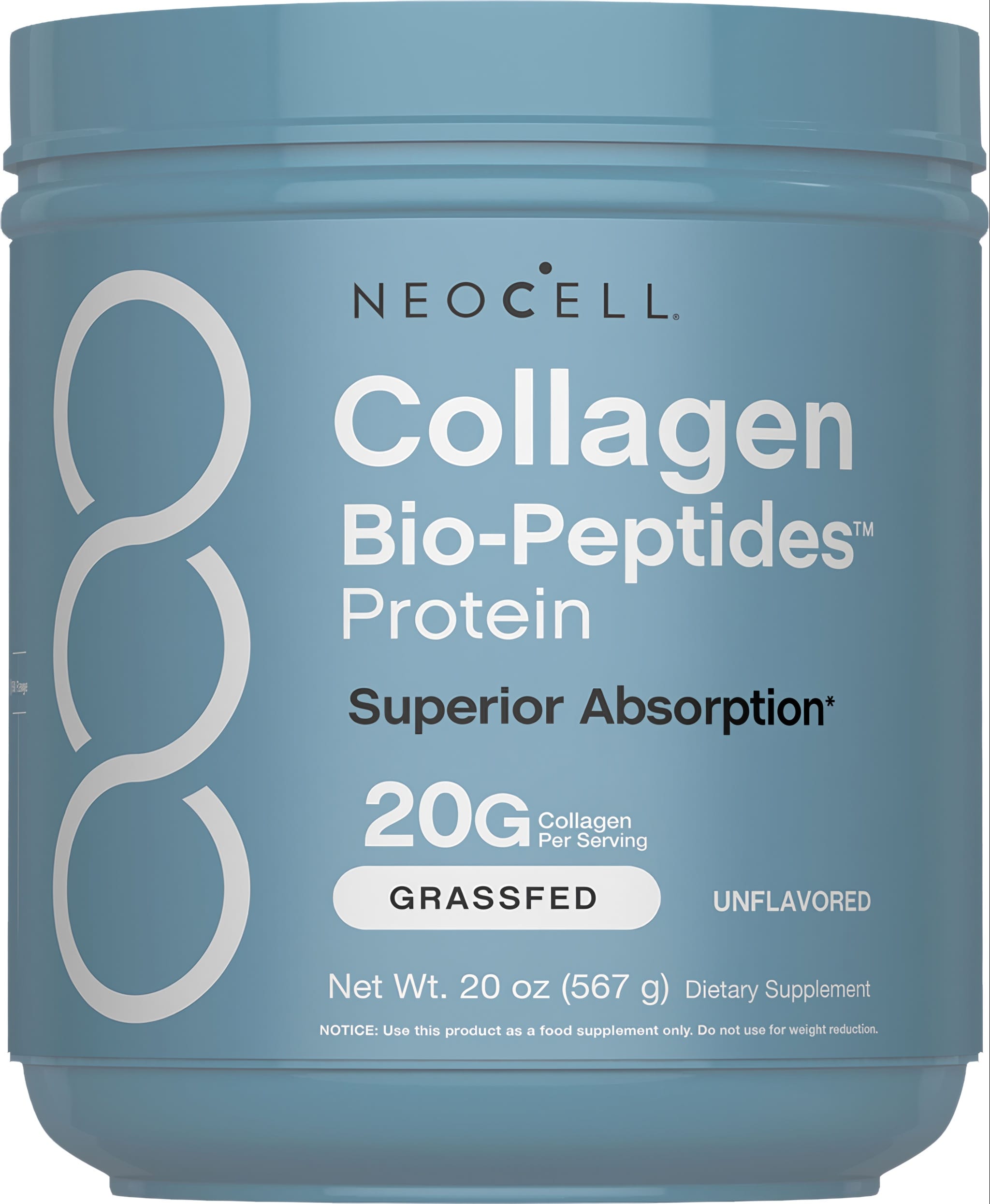 NeoCell Collagen Bio-Peptides Protein powder offers 20G collagen per serving. It's grassfed, unflavored, and weighs 20 oz (567 g).