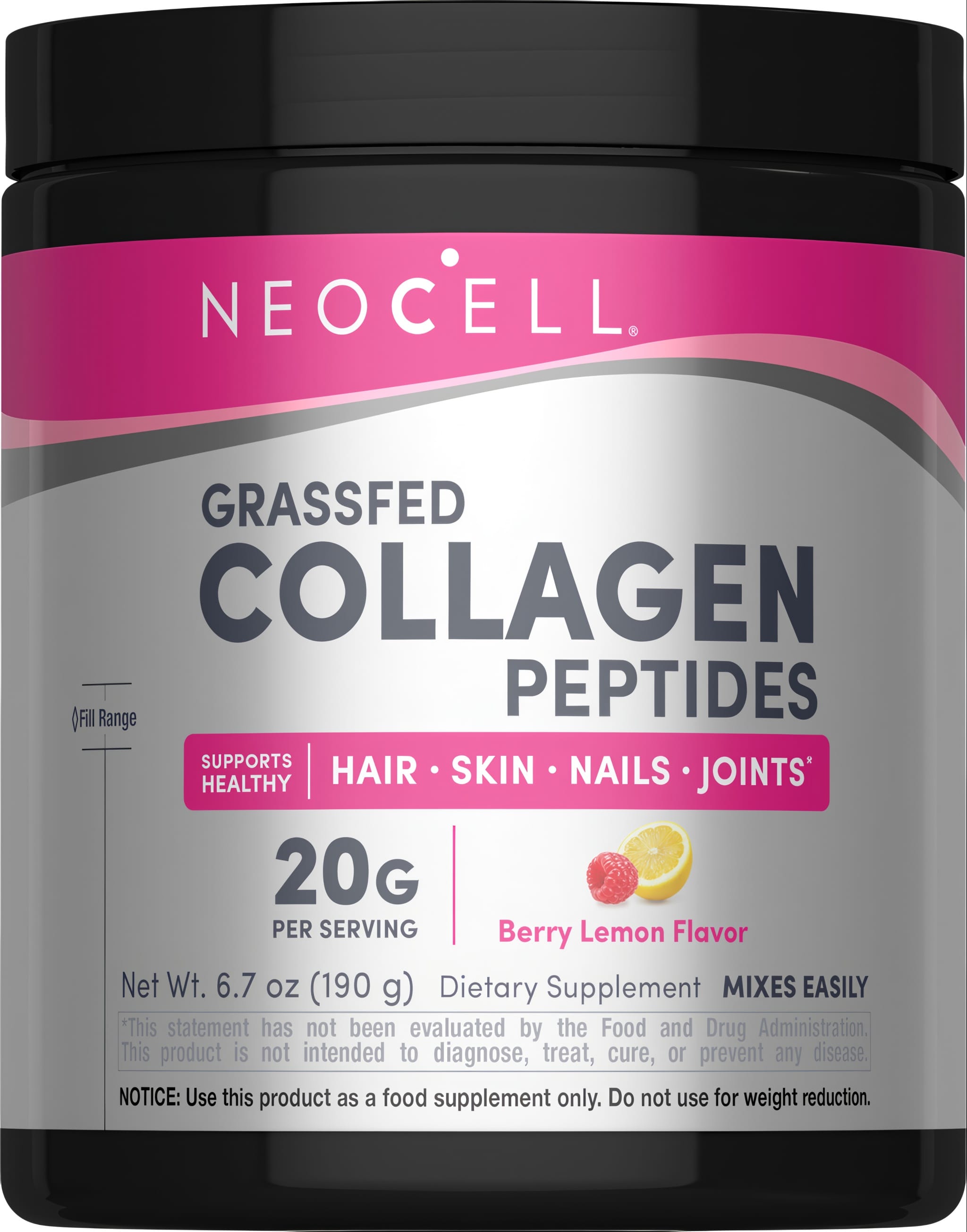 NCL Super Collagen Berry Lemon 6.7 oz (190 g) Grassfed Collagen Peptides powder enhances hair, skin, nails, and joints.