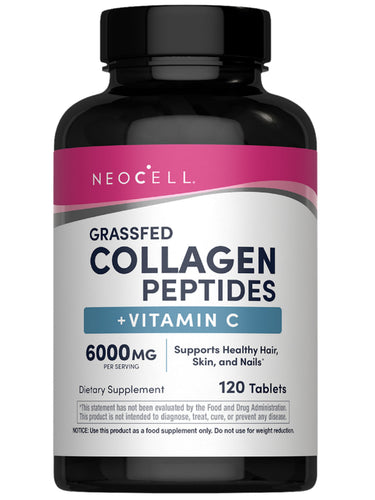 GRASSFED COLLAGEN PEPTIDES + VITAMIN C, 6000mg per serving, 120 Tablets. Promotes healthy hair, skin, and nails.
