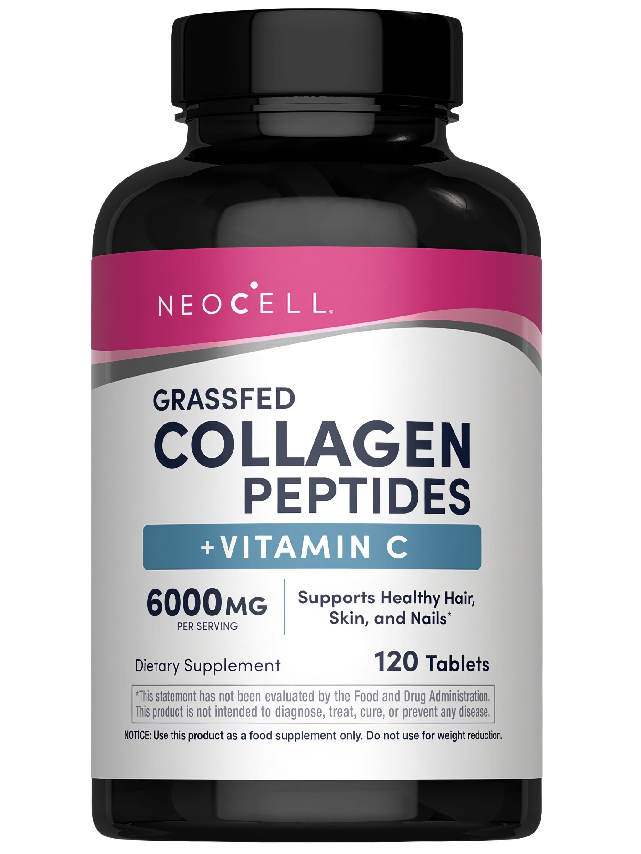 NEOCELL Grassfed Collagen Peptides with Vitamin C, 6000mg per serving, in 120 tablets.