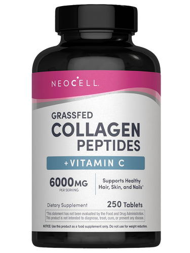 Grassfed Collagen Peptides with Vitamin C, 6000mg per serving, 250 tablets, support healthy hair, skin, and nails.