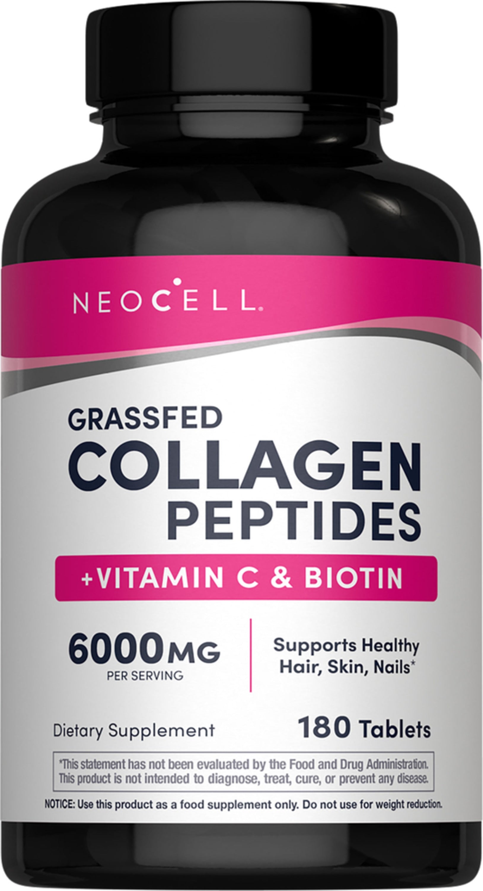 Neocell Grassfed Collagen Peptides tablets with Vitamin C and Biotin, 180-count bottle.