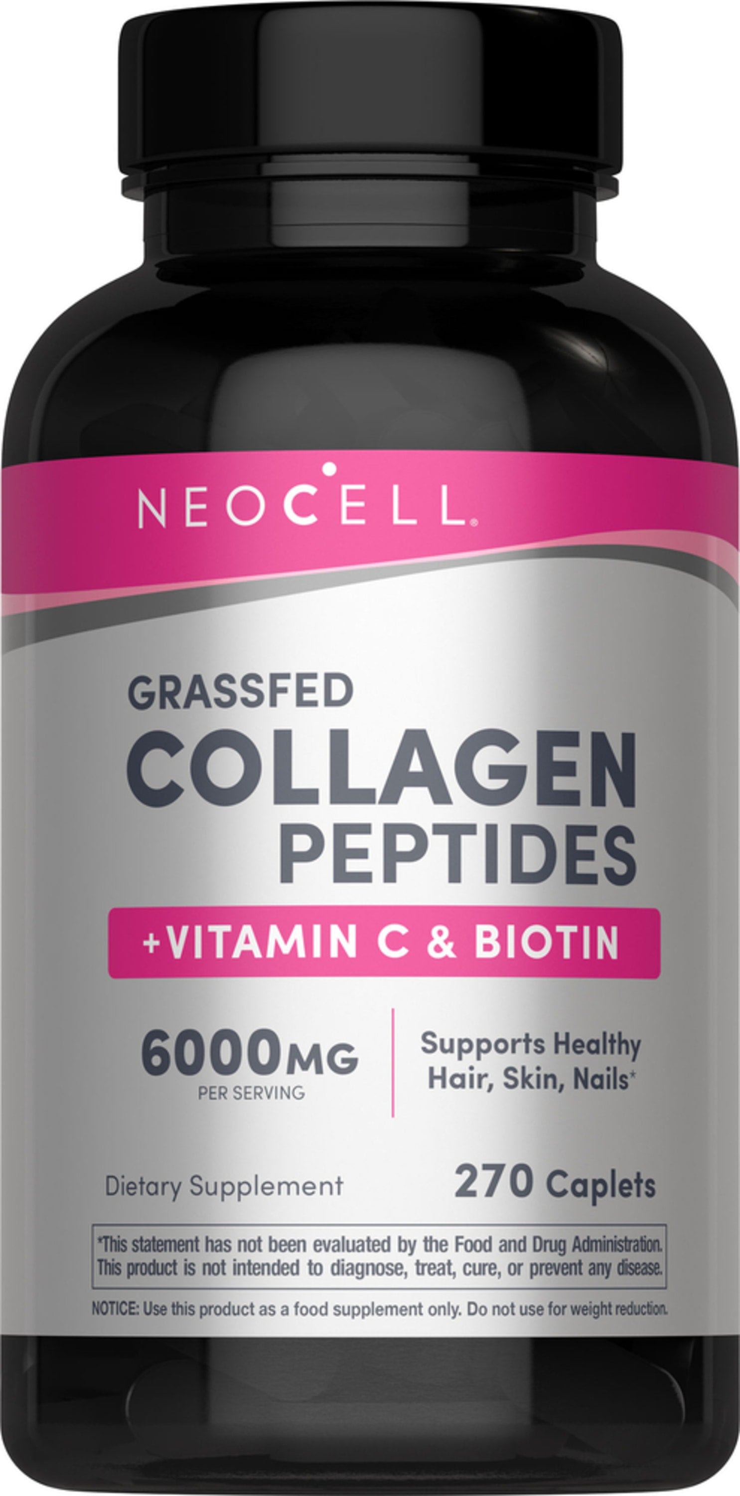 NEOCELL Collagen Peptides with Vitamin C and Biotin, 6000 mg, 270 caplets. Grass-fed, supports skin and joint health.
