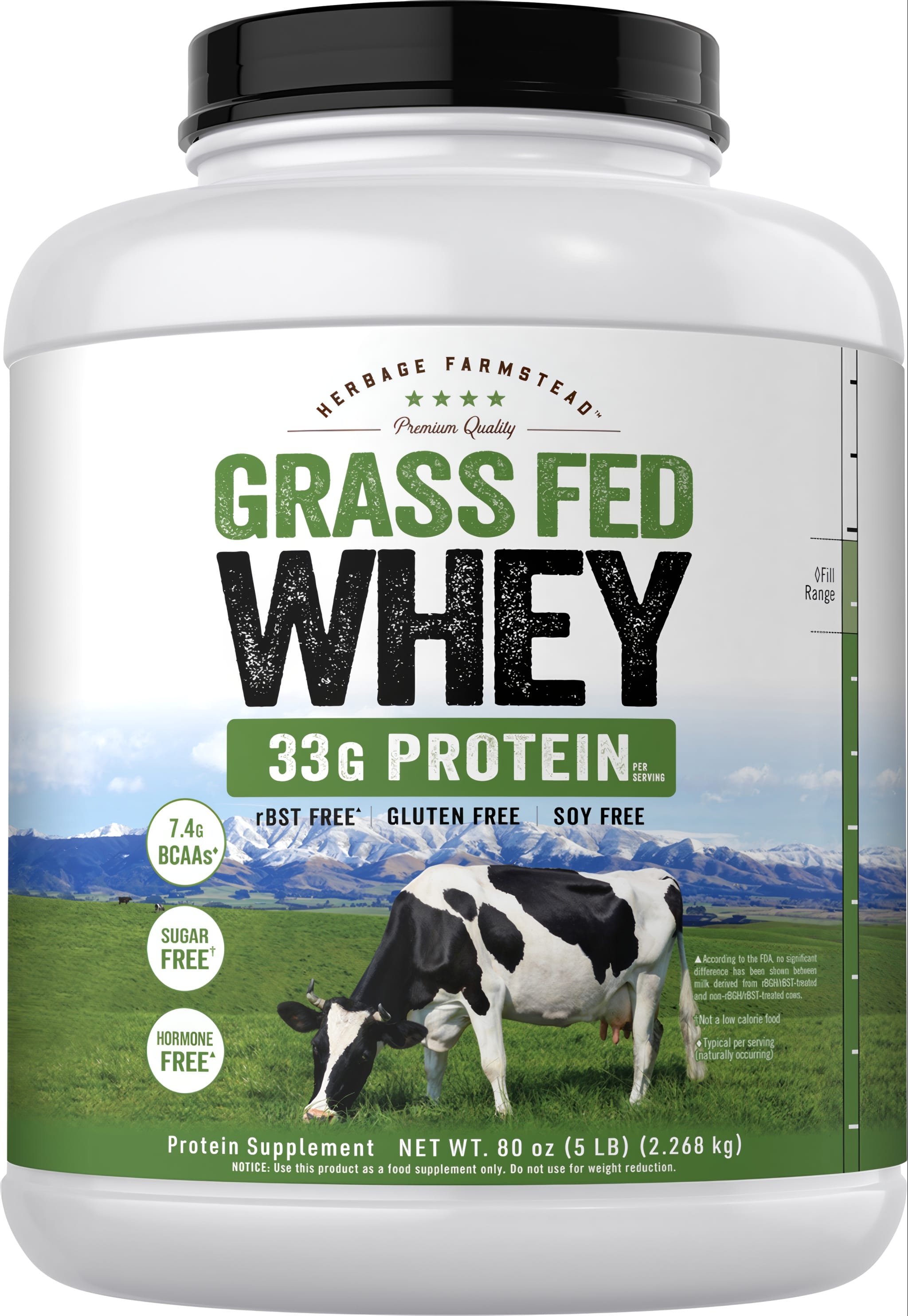 Grass Fed Whey 5 LB powder: 33g protein, 7.4g BCAAs, rBST free, gluten free, soy free, sugar free, hormone free.