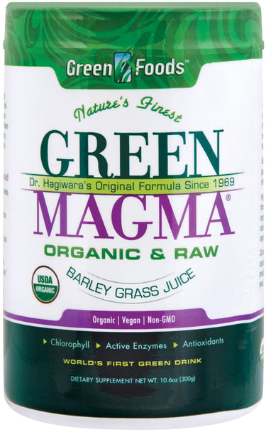Green Foods Green Magma 10.6 oz dietary supplement, featuring organic barley grass juice, vegan and non-GMO, USDA Organic.