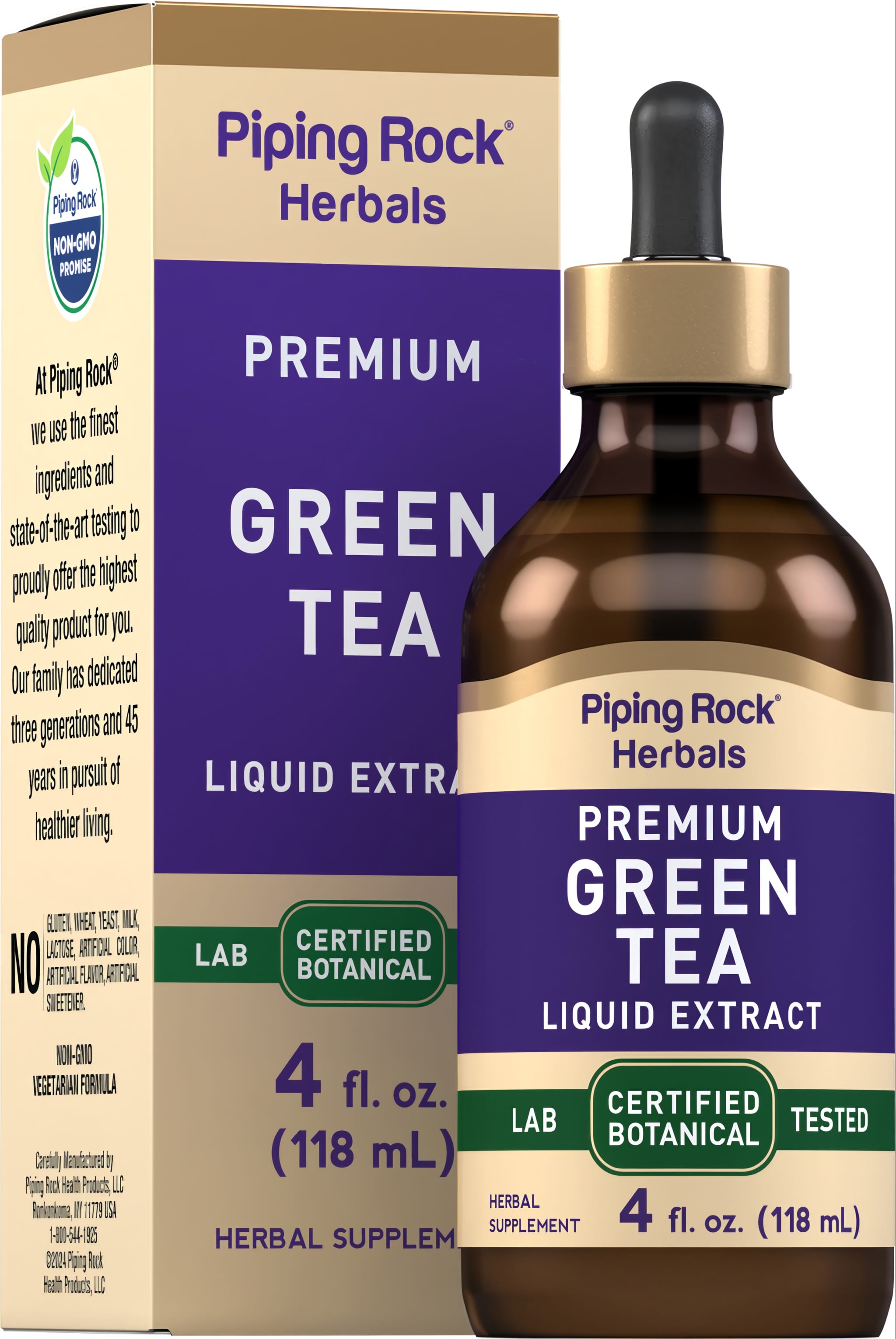 Premium Green Tea Liquid Extract 4 fl. oz. (118 mL) with label 'LAB CERTIFIED BOTANICAL TESTED'.