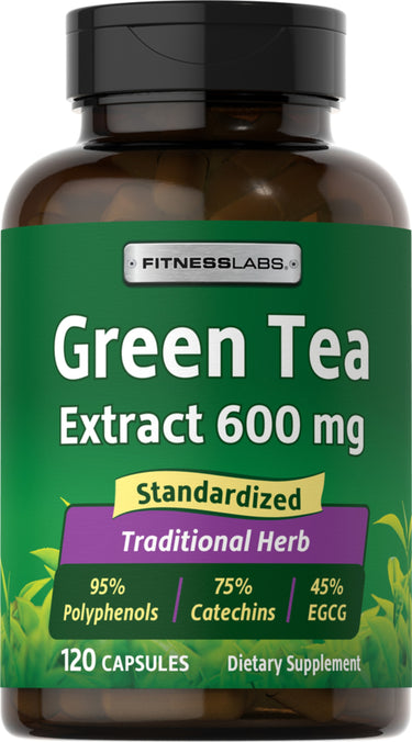Bottle of Green Tea Extract containing 600 mg per serving, with a total of 120 capsules.