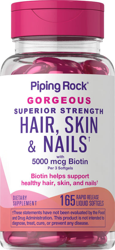 Superior Strength Hair, Skin & Nails with 5000 mcg Biotin in 165 Rapid Release Liquid Softgels bottle.