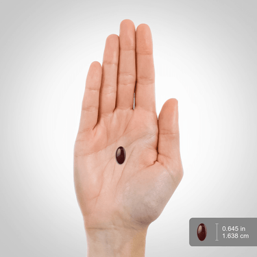 Lycopene 10 mg softgel rests on a hand, showing measurements of 0.645 inches (1.638 cm).