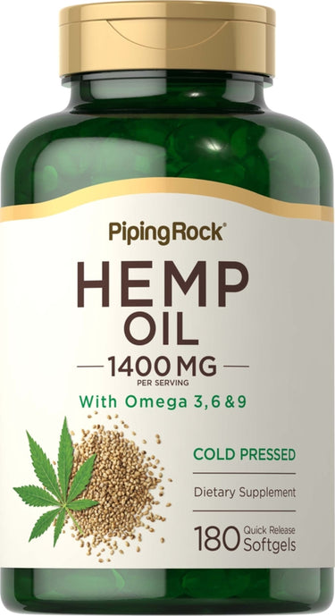 Hemp oil supplement with 1400 mg per serving, Omega 3, 6, 9, cold pressed, 180 quick release softgels.