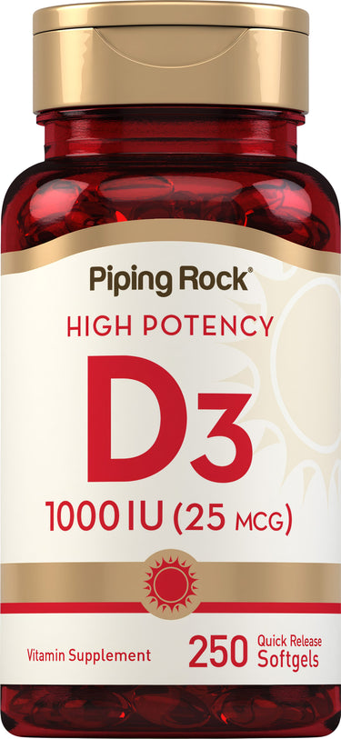 D3 1000 IU (25 MCG) High Potency Vitamin Supplement with 250 quick release softgels.