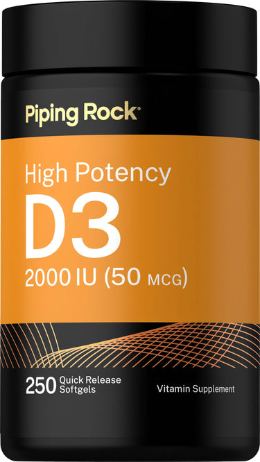 High Potency D3 2000 IU (50 MCG) bottle showing 250 quick release softgels for vitamin supplementation.