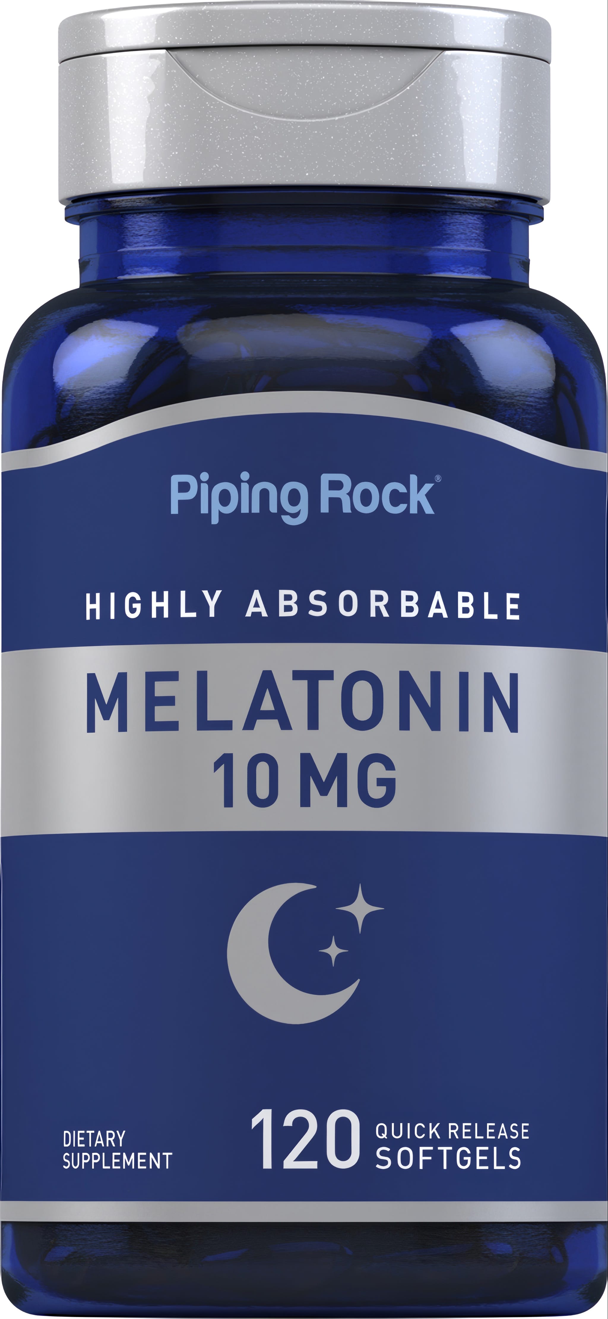 Highly absorbable melatonin supplement with 10 mg, featuring 120 quick release softgels.