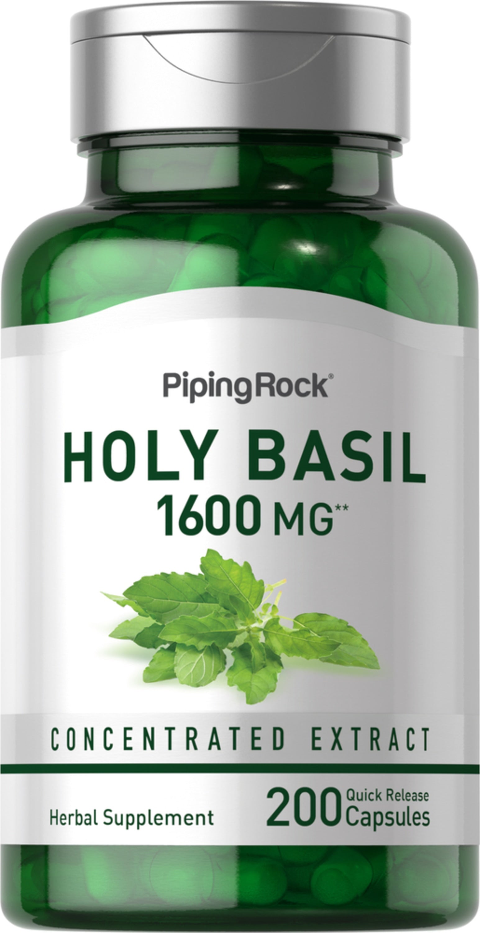 Holy Basil 1600 MG Concentrated Extract Herbal Supplement, 200 Quick Release Capsules, product image.