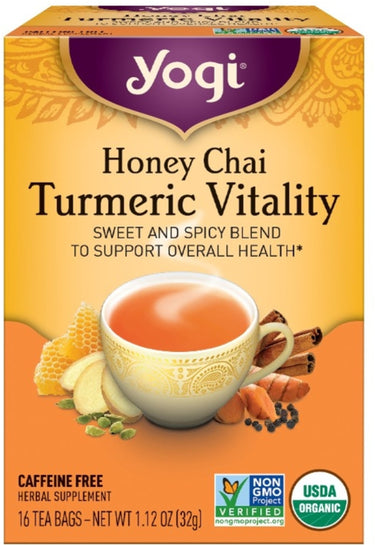 Yogi Honey Chai Turmeric Vitality tea, 16 bags, caffeine-free herbal supplement, Non-GMO Project verified, USDA Organic.