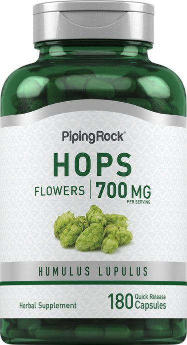 Hops Flowers (Humulus Lupulus) 700 MG per serving. Contains 180 capsules of an herbal supplement.