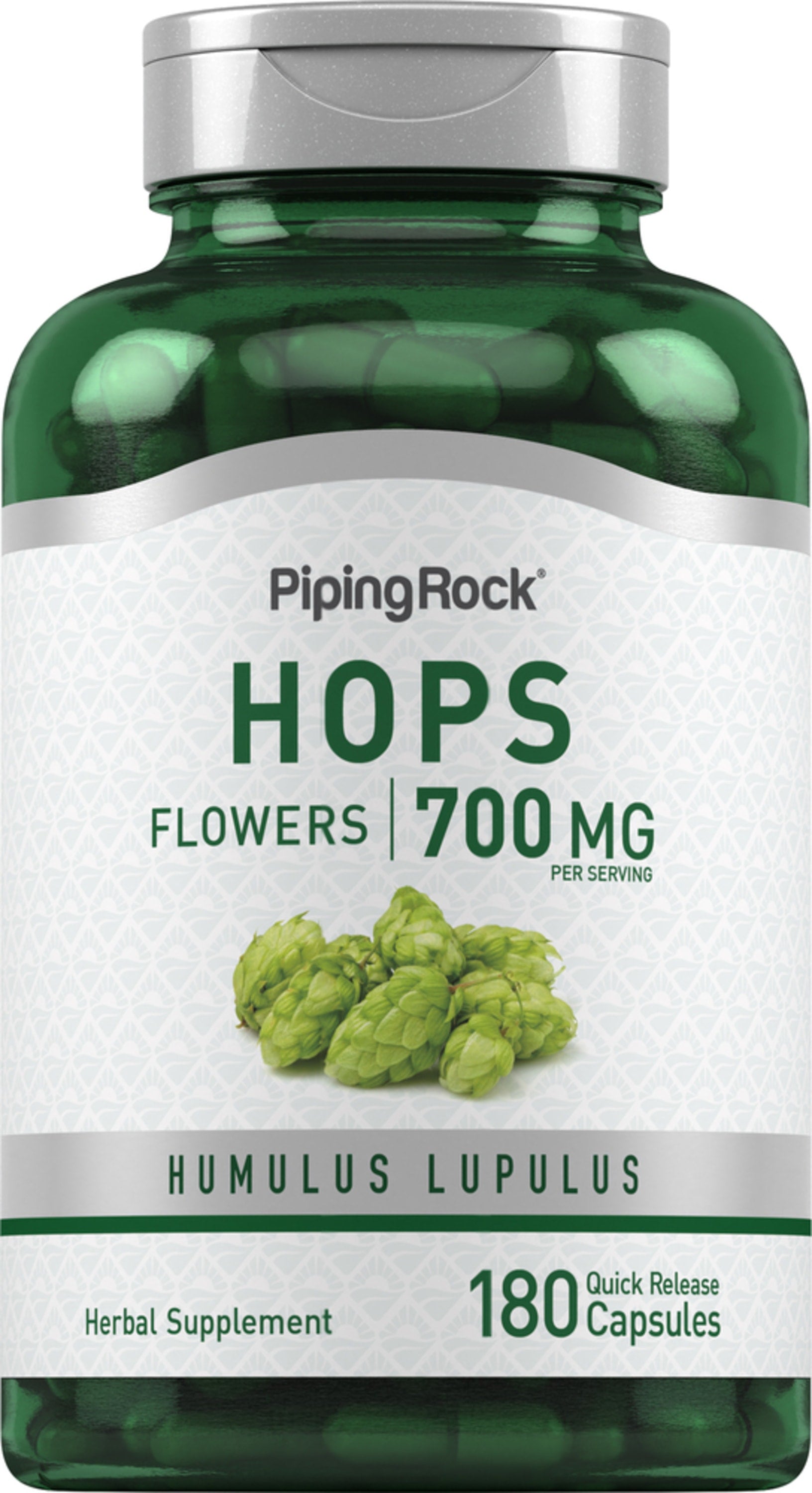 Hops Flowers (Humulus Lupulus) 700 MG per serving. Contains 180 capsules of an herbal supplement.
