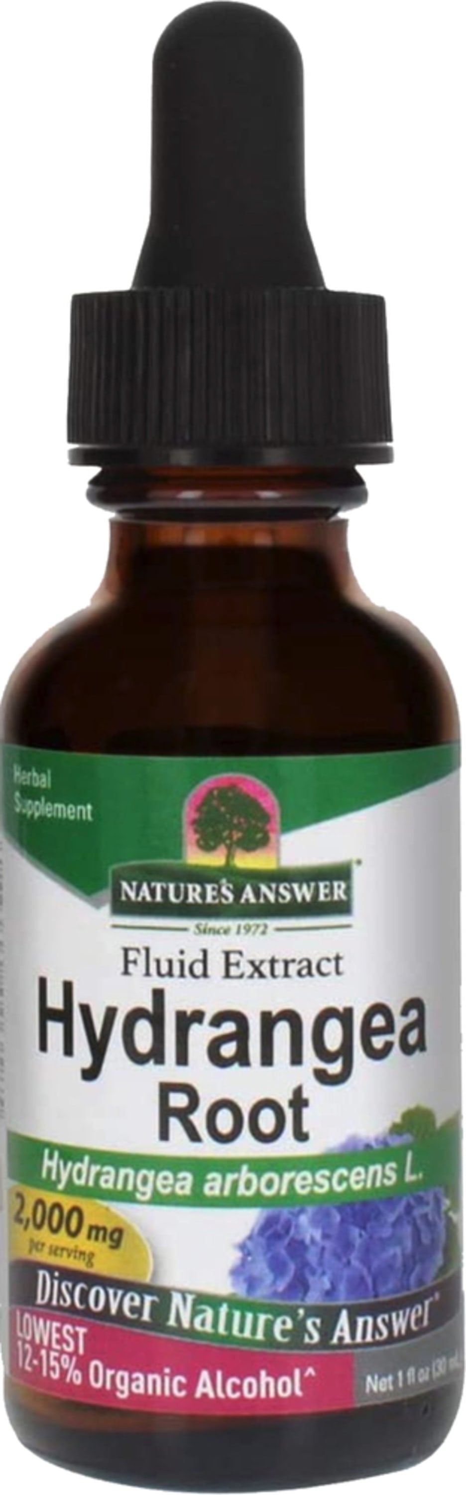 Hydrangea Root Low Alcohol Fluid Extract, 1 fl oz, contains 2,000 mg per serving with 12-15% organic alcohol content.