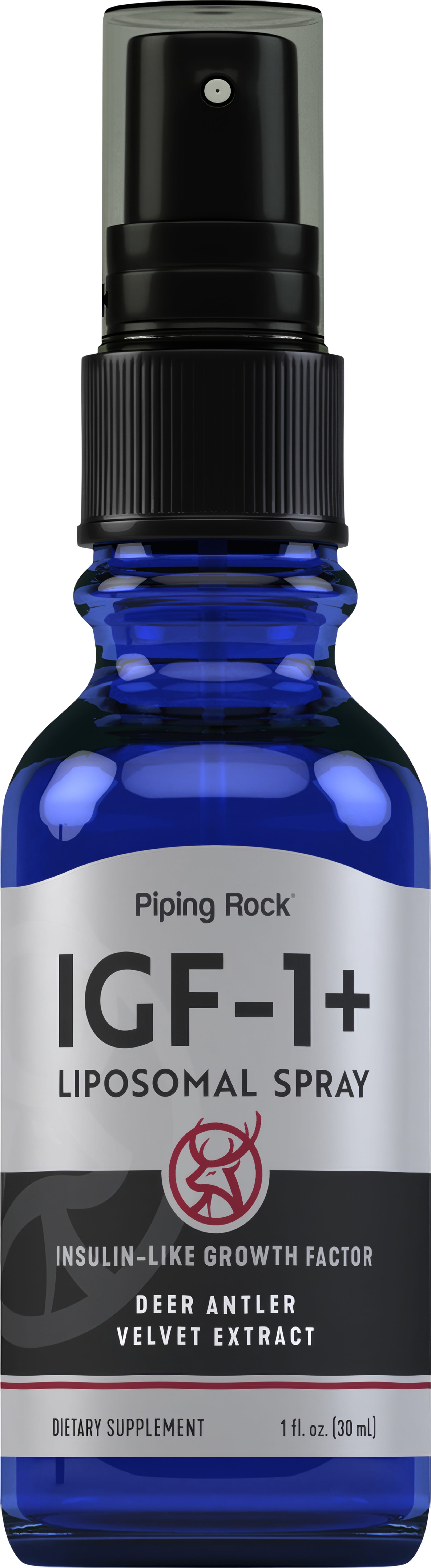IGF-1+ Liposomal Spray is an Insulin-Like Growth Factor with Deer Antler Velvet Extract, a dietary supplement, 1 fl. oz. (30 mL).