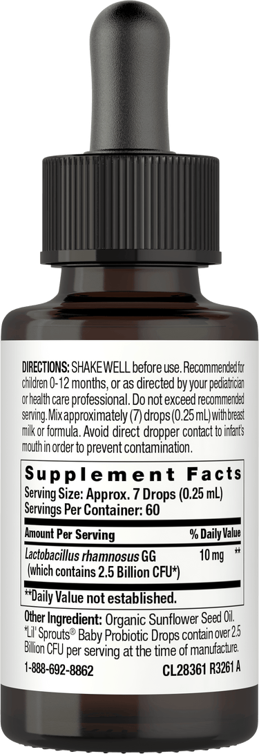 CL Baby Probiotic supplement facts panel detailing ingredients and nutritional information.