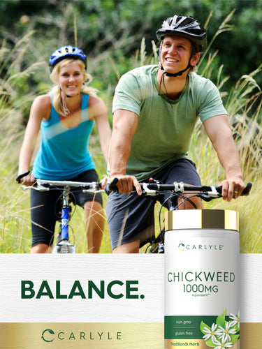 Two young adults cycling outdoors with a Carlyle Chickweed 1000mg supplement bottle featured.