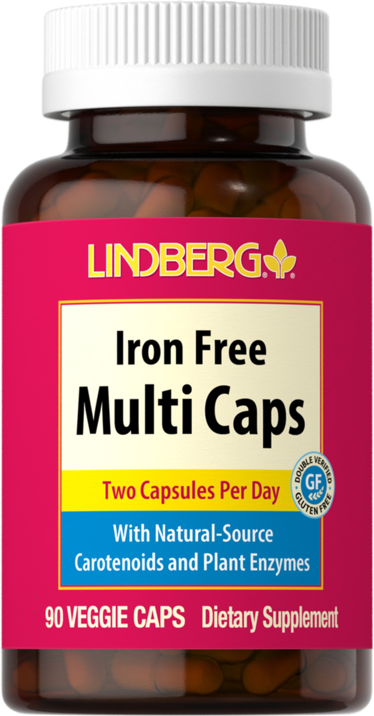 Iron Free Multi Caps, 90 Veggie Caps, is a dietary supplement with natural-source carotenoids and plant enzymes.