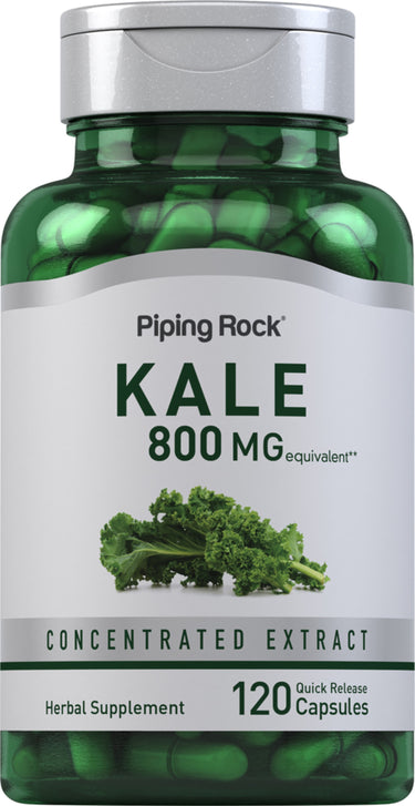 Kale 800 MG equivalent concentrated extract herbal supplement in a bottle, 120 quick release capsules.