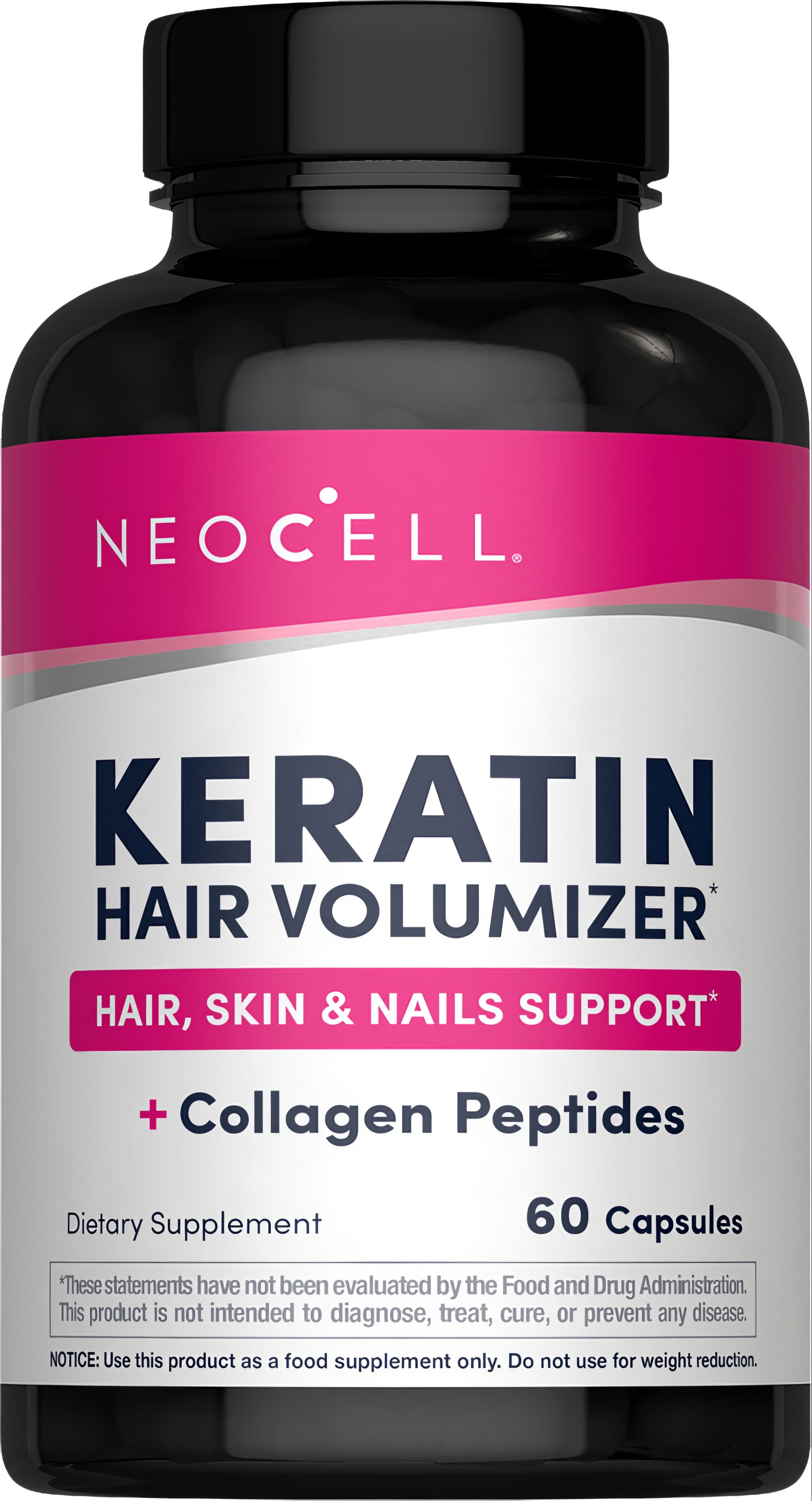 Neocell Keratin Hair Volumizer provides support for hair, skin, and nails with collagen peptides, 60 capsules.