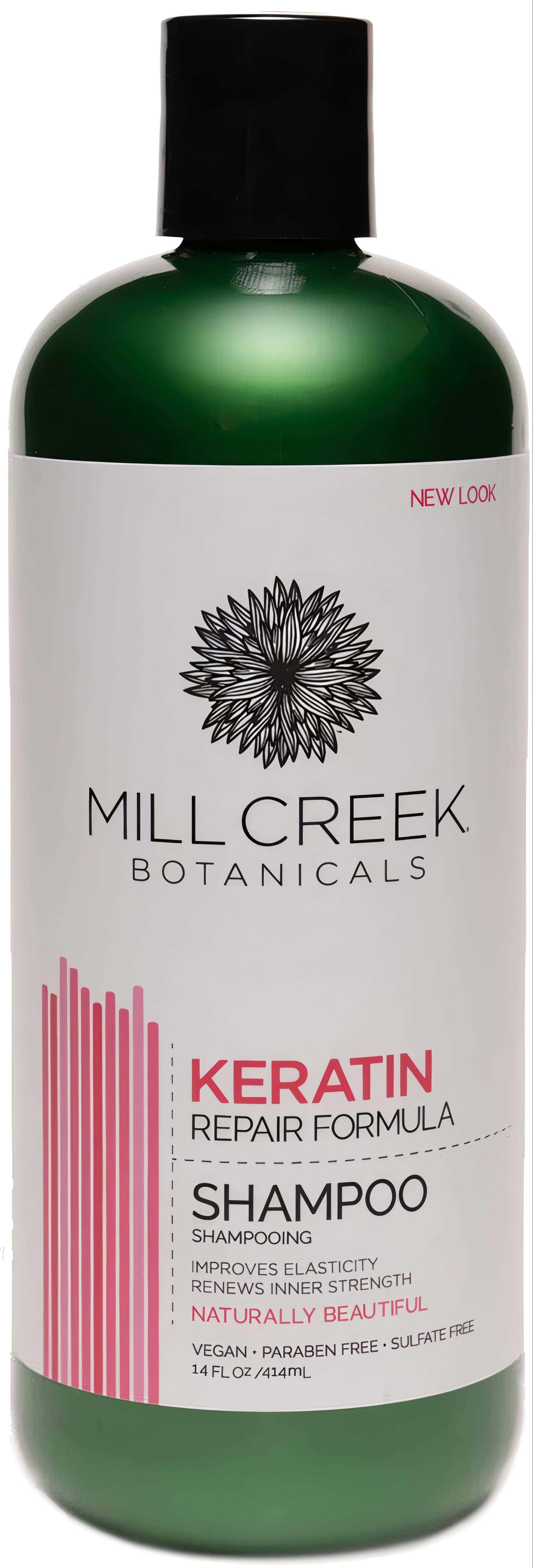 Mill Creek Botanicals Keratin Repair Formula Shampoo 14 FL OZ bottle, vegan, paraben-free, sulfate-free.