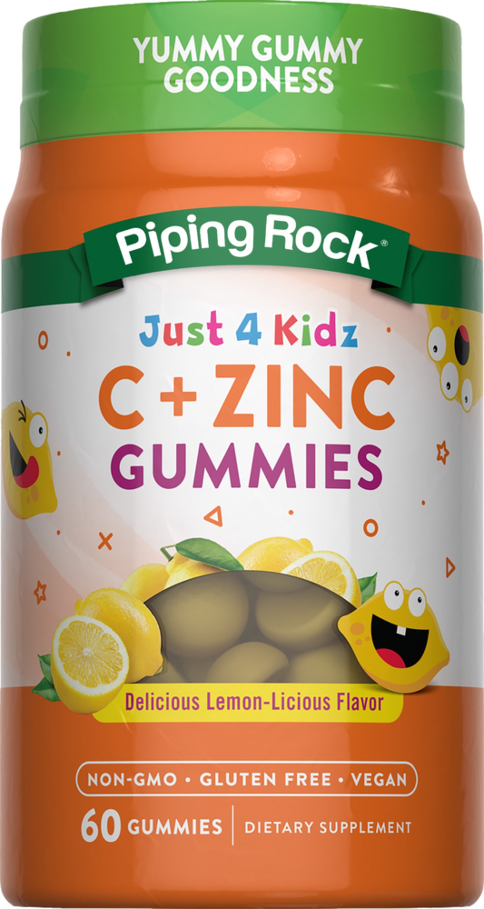 Just 4 Kidz C + ZINC GUMMIES, Lemon-Licious Flavor, 60 Gummies. Non-GMO, gluten-free, vegan. Delicious and healthy.