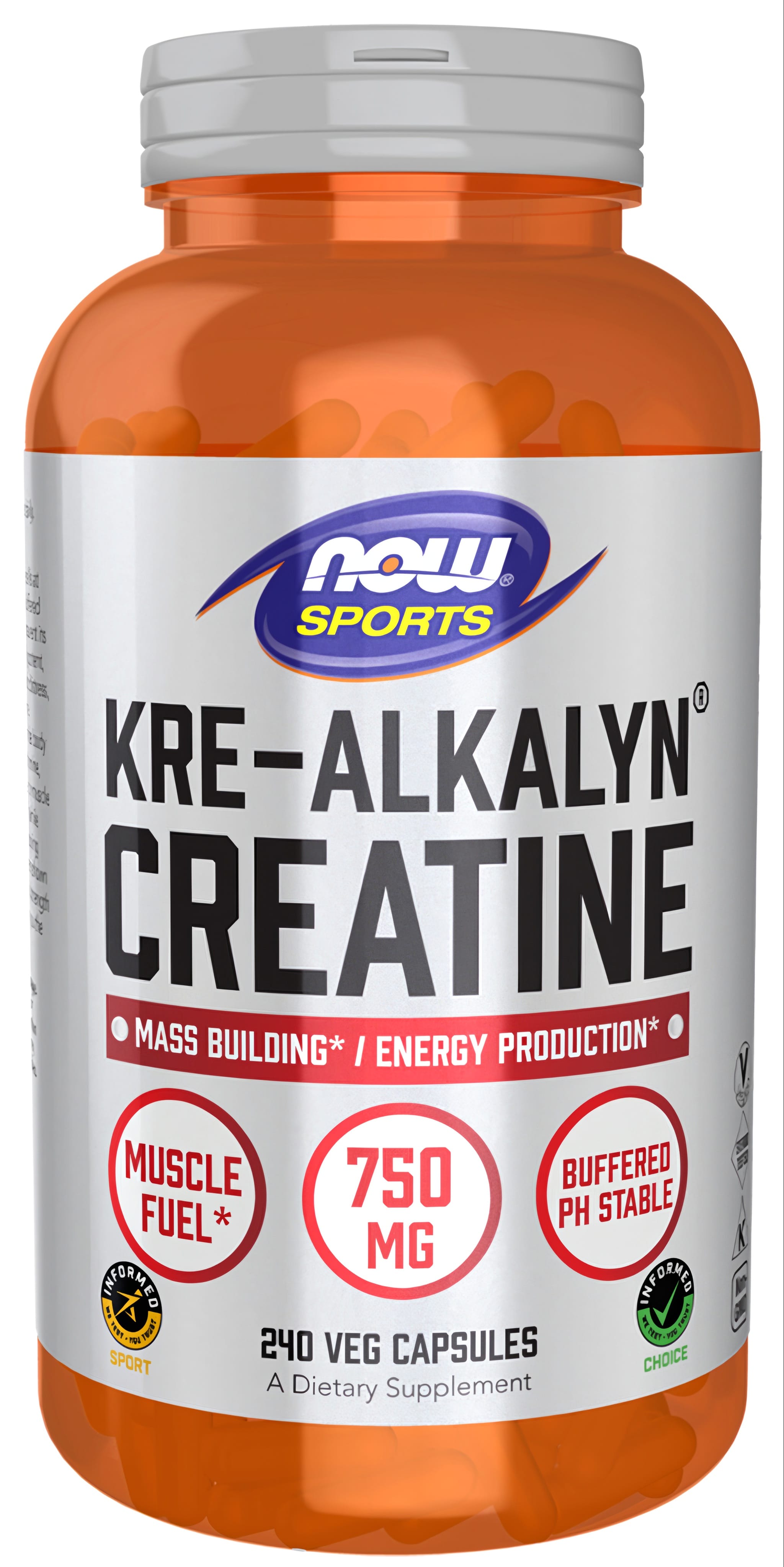 Kre-Alkalyn Creatine 750 MG, 240 Vegetarian Capsules in a bottle, ideal for muscle support and athletic performance.