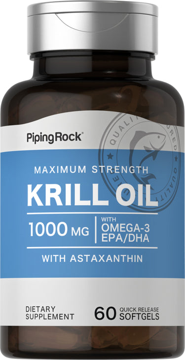 Maximum Strength Krill Oil 1000 mg with Omega-3 EPA/DHA and Astaxanthin, 60 Quick Release Softgels.