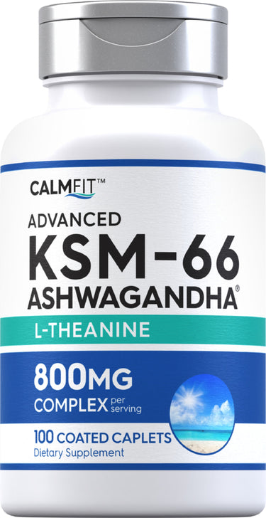 CALMFIT™ Advanced KSM-66 Ashwagandha L-Theanine 800mg complex per serving, available in 100 coated caplets.