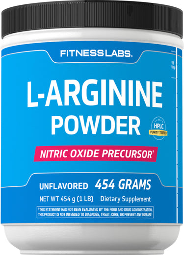 L-Arginine Powder, Unflavored, 454 g (1 LB), a nitric oxide precursor and dietary supplement, HPLC purity tested.