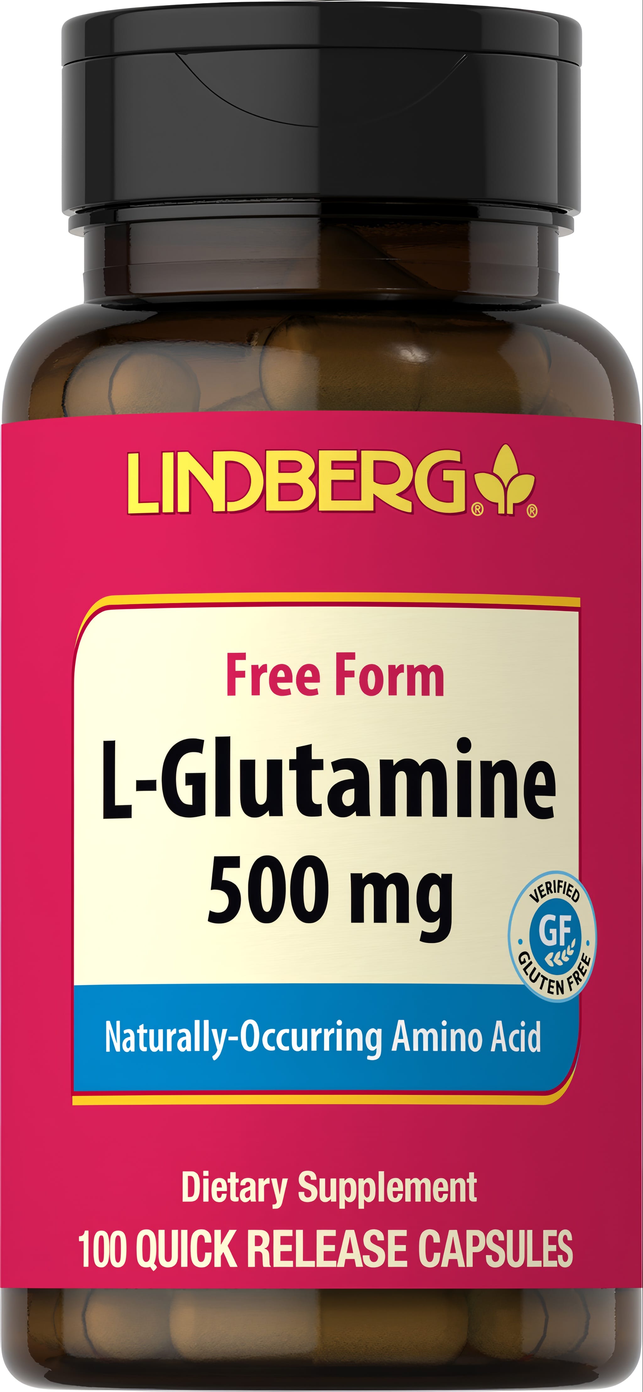 Lindberg Free Form L-Glutamine 500 mg, 100 Quick Release Capsules. Naturally-occurring amino acid. Verified gluten-free.