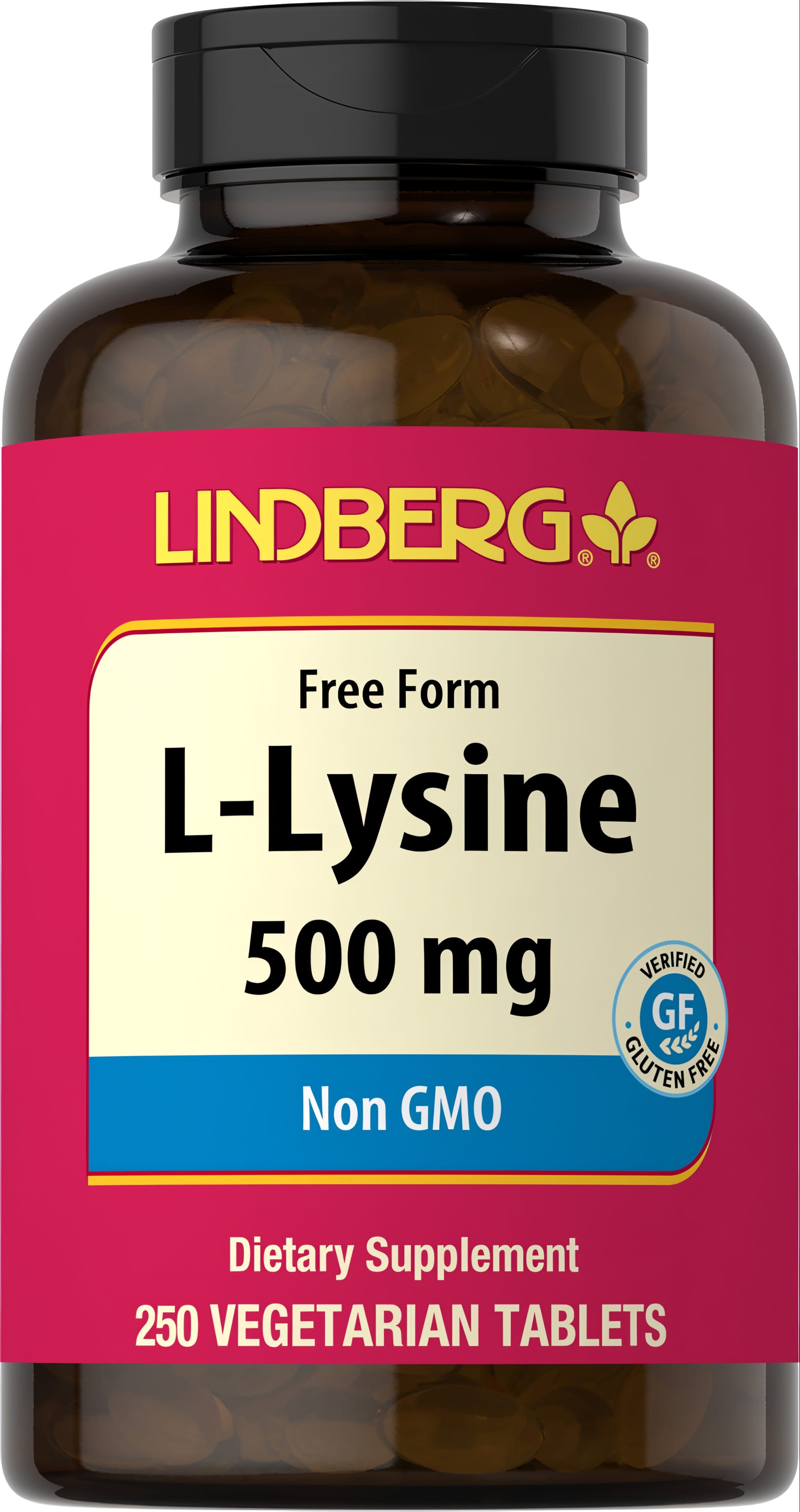 L-Lysine 500 mg, non-GMO, gluten-free dietary supplement with 250 vegetarian tablets.