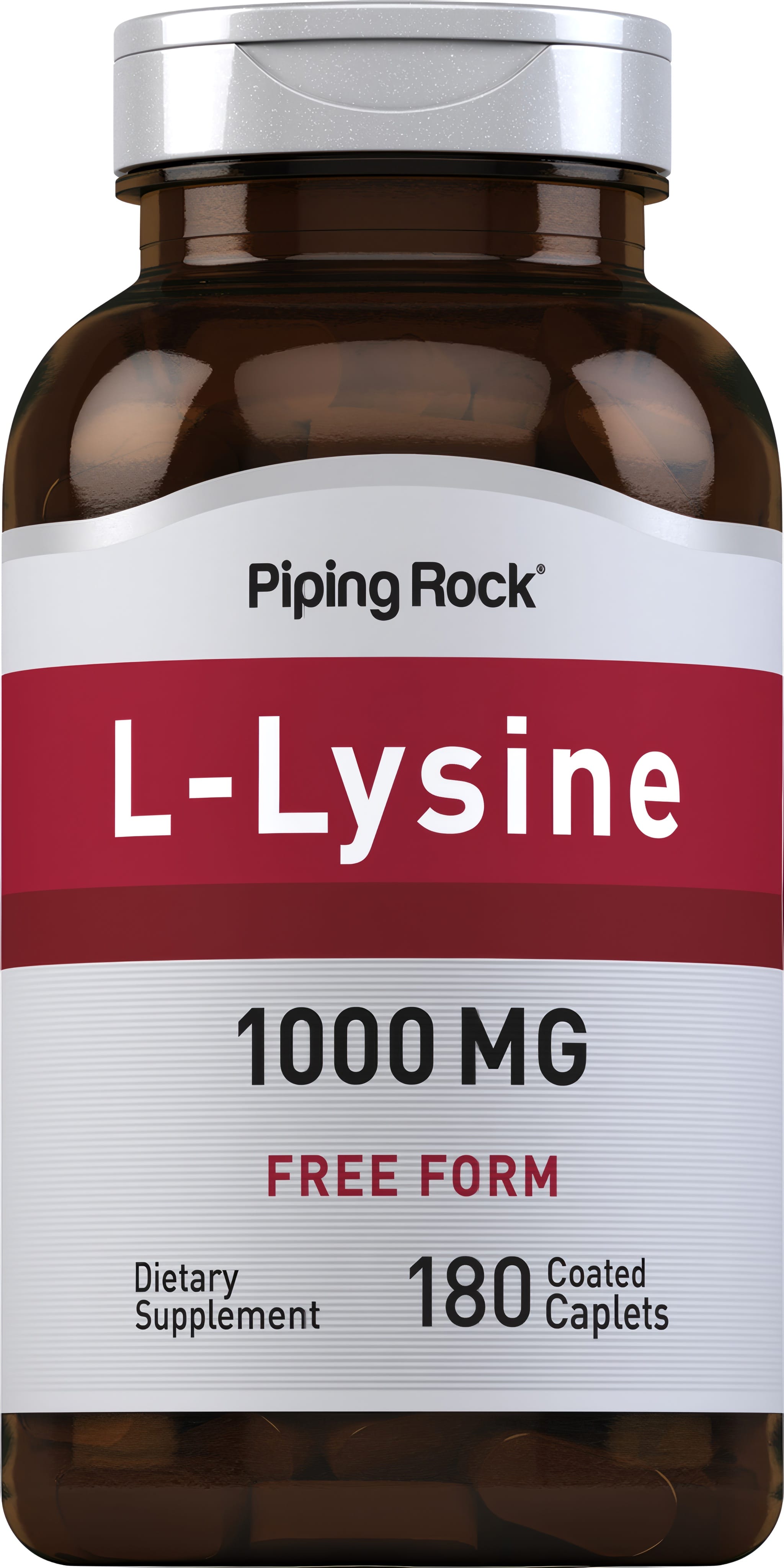 L-Lysine 1000 MG Free Form Dietary Supplement with 180 coated caplets.