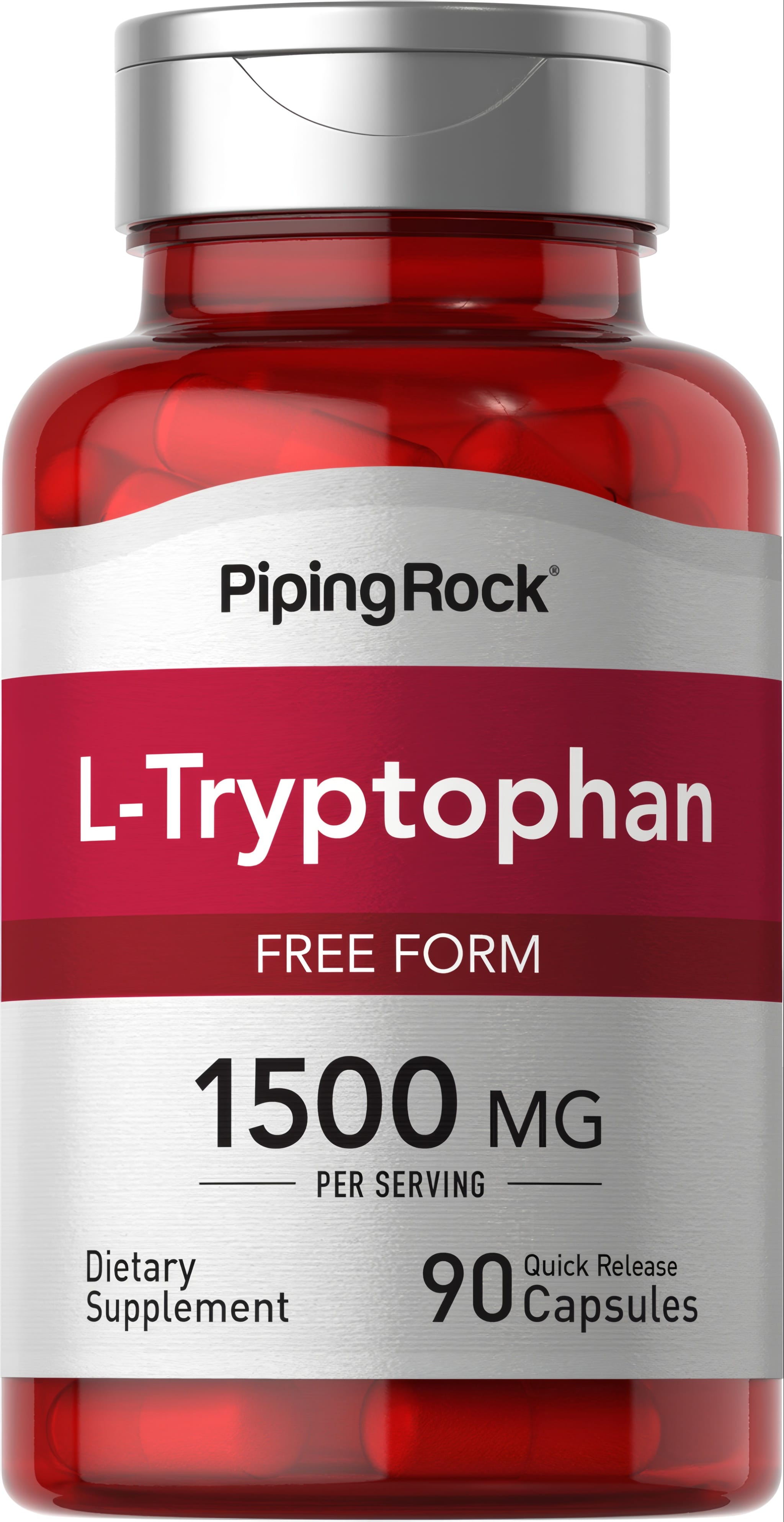 L-Tryptophan 1500 MG per serving, 90 quick release capsules as a dietary supplement.