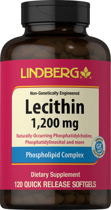 Lecithin 1200 mg supplement with 120 quick release softgels displayed in packaging.