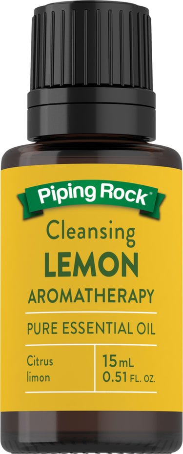 Lemon Oil 15 mL bottle with a yellow label stating Cleansing Lemon Aromatherapy Pure Essential Oil, Citrus limon, 0.51 FL. OZ.