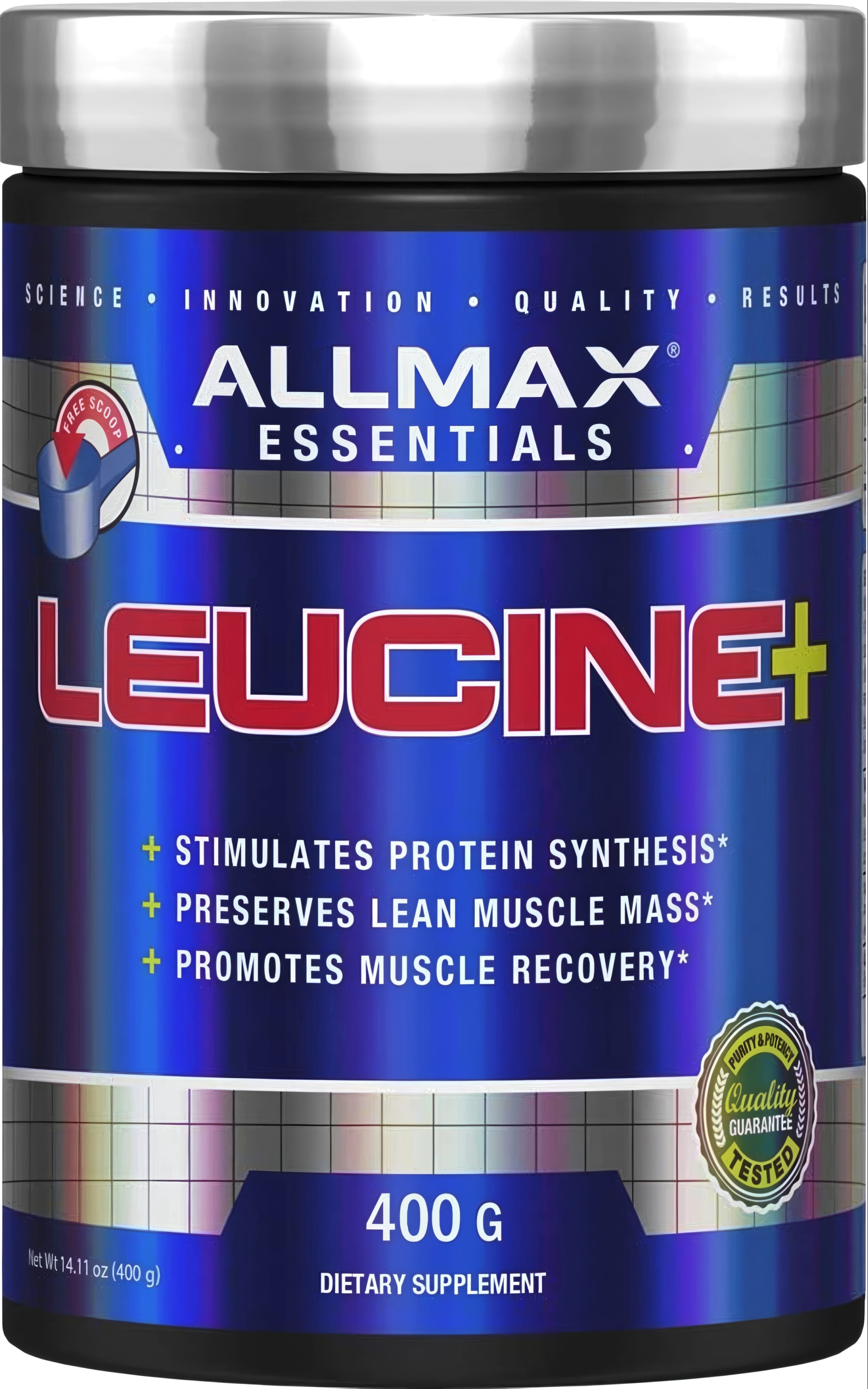 ALLMAX ESSENTIALS LEUCINE+ dietary supplement, 400 g (14.11 oz) powder product.
