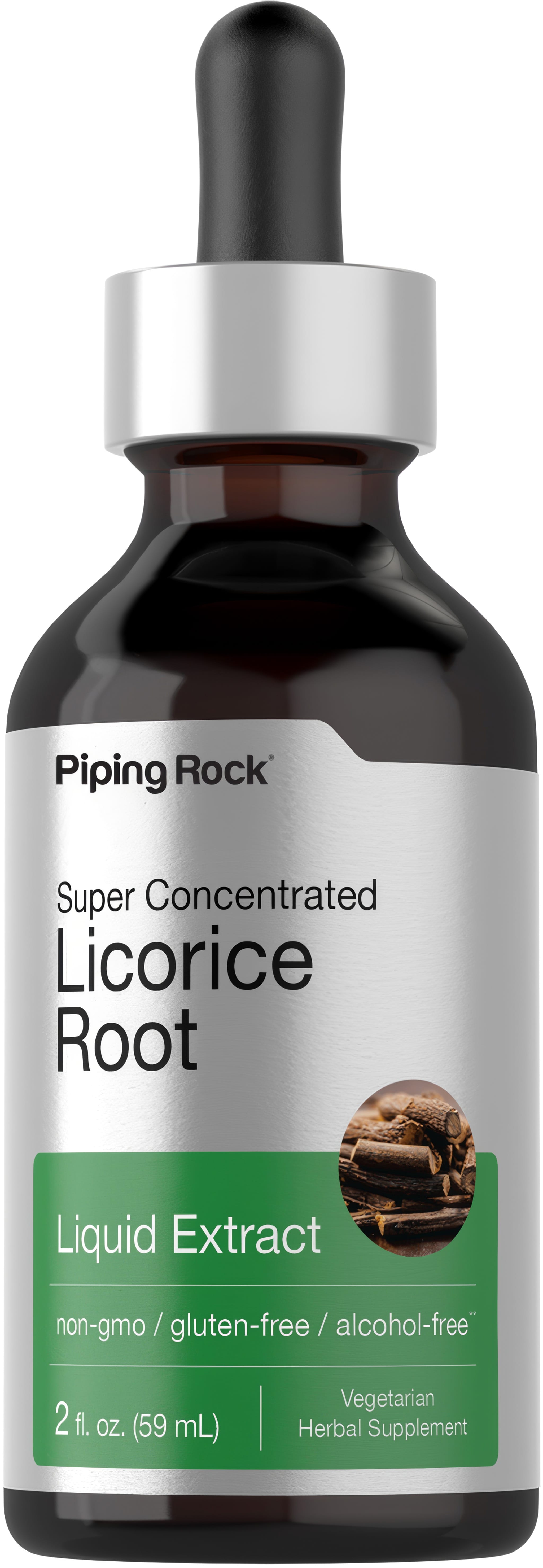 Licorice Root Liquid Extract, 2 fl. oz. (59 mL), non-GMO, gluten-free, alcohol-free, vegetarian herbal supplement.