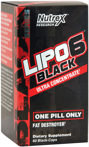 Nutrex Research Lipo 6 Black Ultra Concentrate dietary supplement with 60 black capsules.