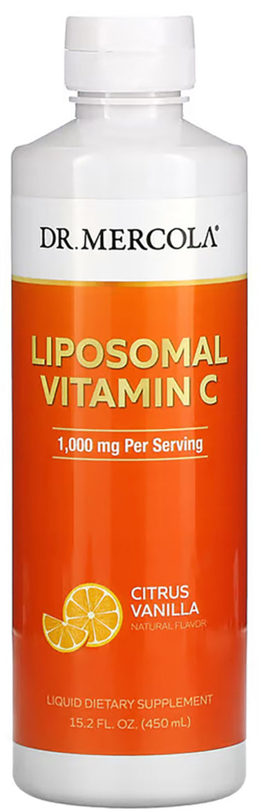 DR. MERCOLA Liposomal Vitamin C liquid, 1,000 mg per serving, citrus vanilla flavor, 15.2 fl. oz. (450 mL) bottle.