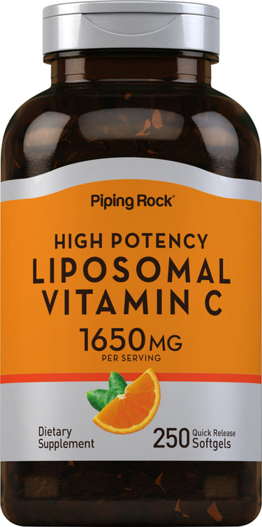 Liposomal Vitamin C 1650 MG, 250 quick-release softgels. Dietary supplement bottle.
