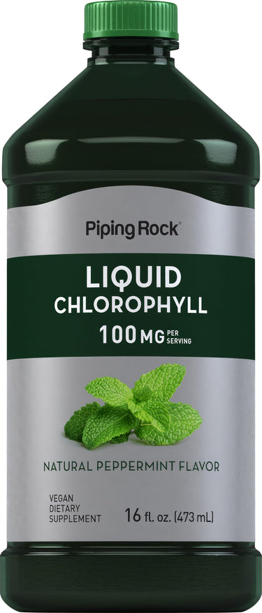 Liquid Chlorophyll dietary supplement, 100 mg per serving, natural peppermint flavor, 16 fl. oz. (473 mL), vegan.
