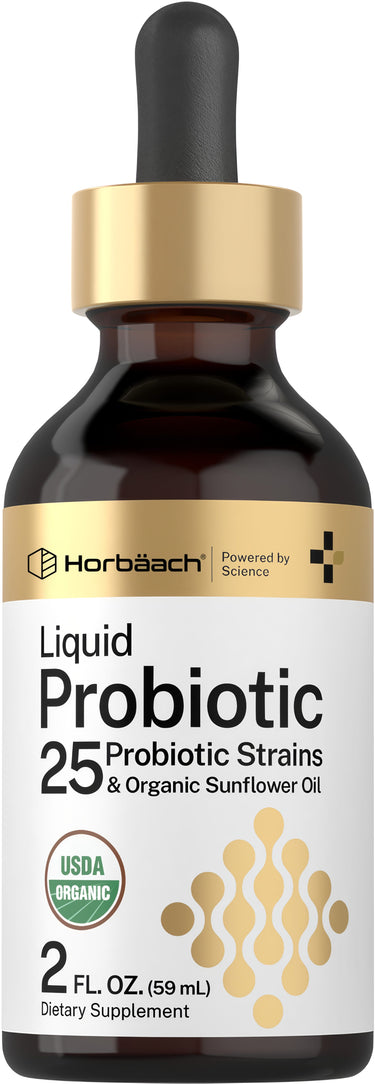 Horbäach Liquid Probiotic with 25 strains and organic sunflower oil in a USDA Organic 2 FL. OZ. (59 mL) dropper bottle.