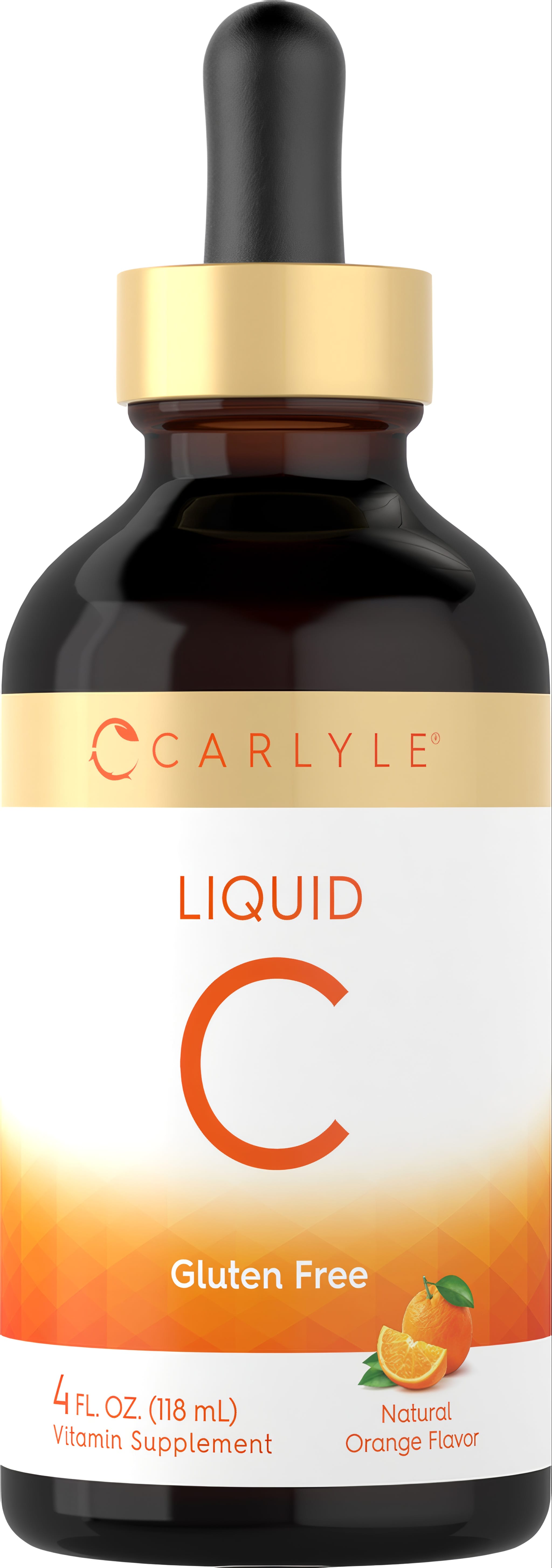 Carlyle Vitamin C Liquid with Natural Orange Flavor, Gluten Free, in a 4 fl oz (118 mL) dropper bottle.