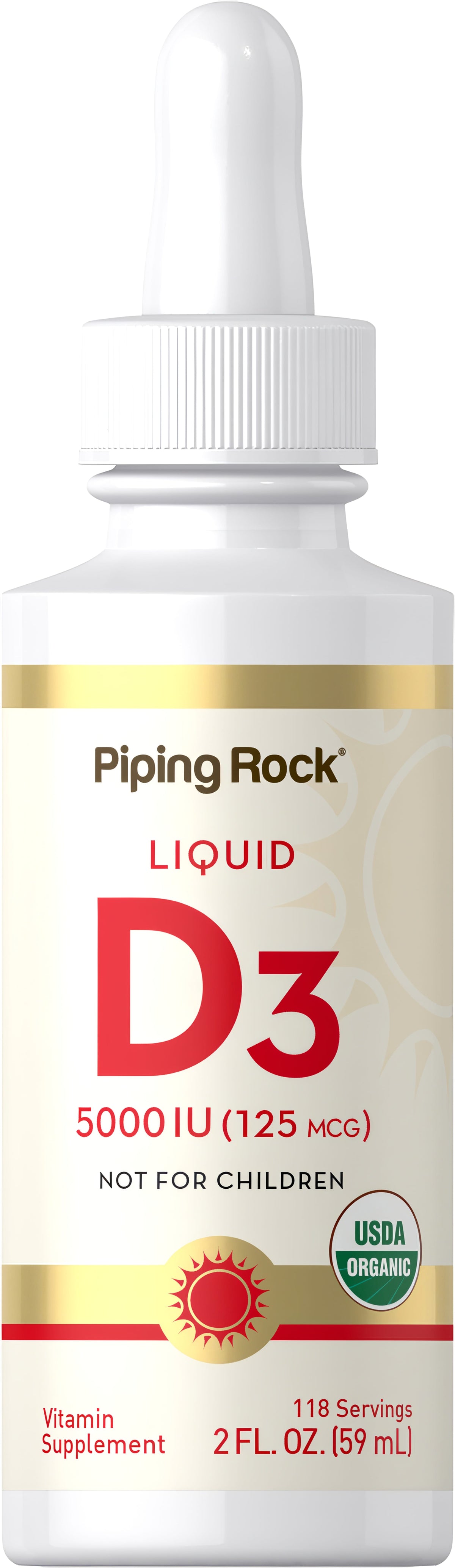 Liquid Vitamin D3 5000 IU (125 MCG) 2 FL. OZ. (59 mL) with 118 Servings, USDA Organic, Not for Children.