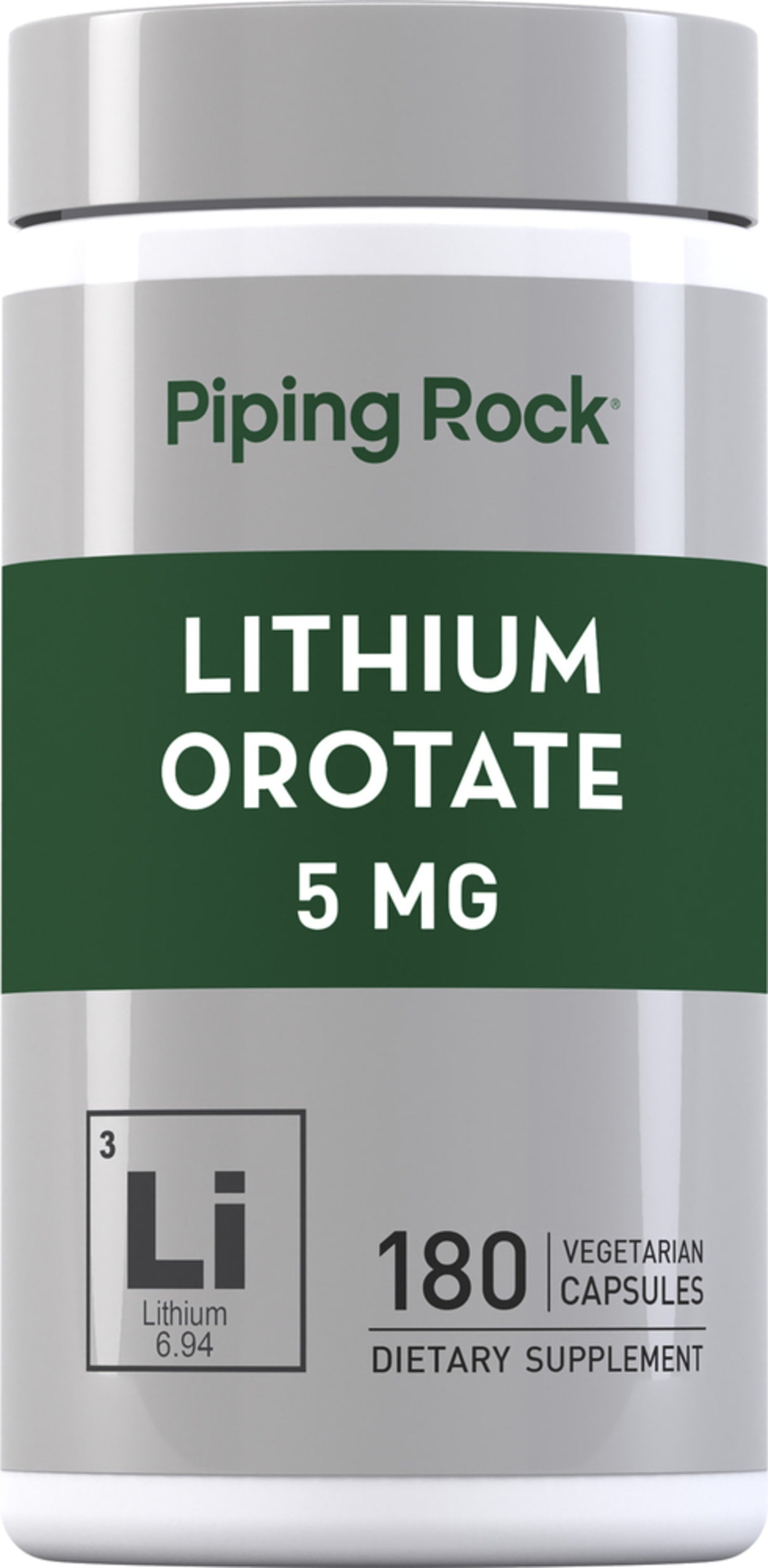 Lithium Orotate 5 MG in 180 vegetarian capsules as a dietary supplement.